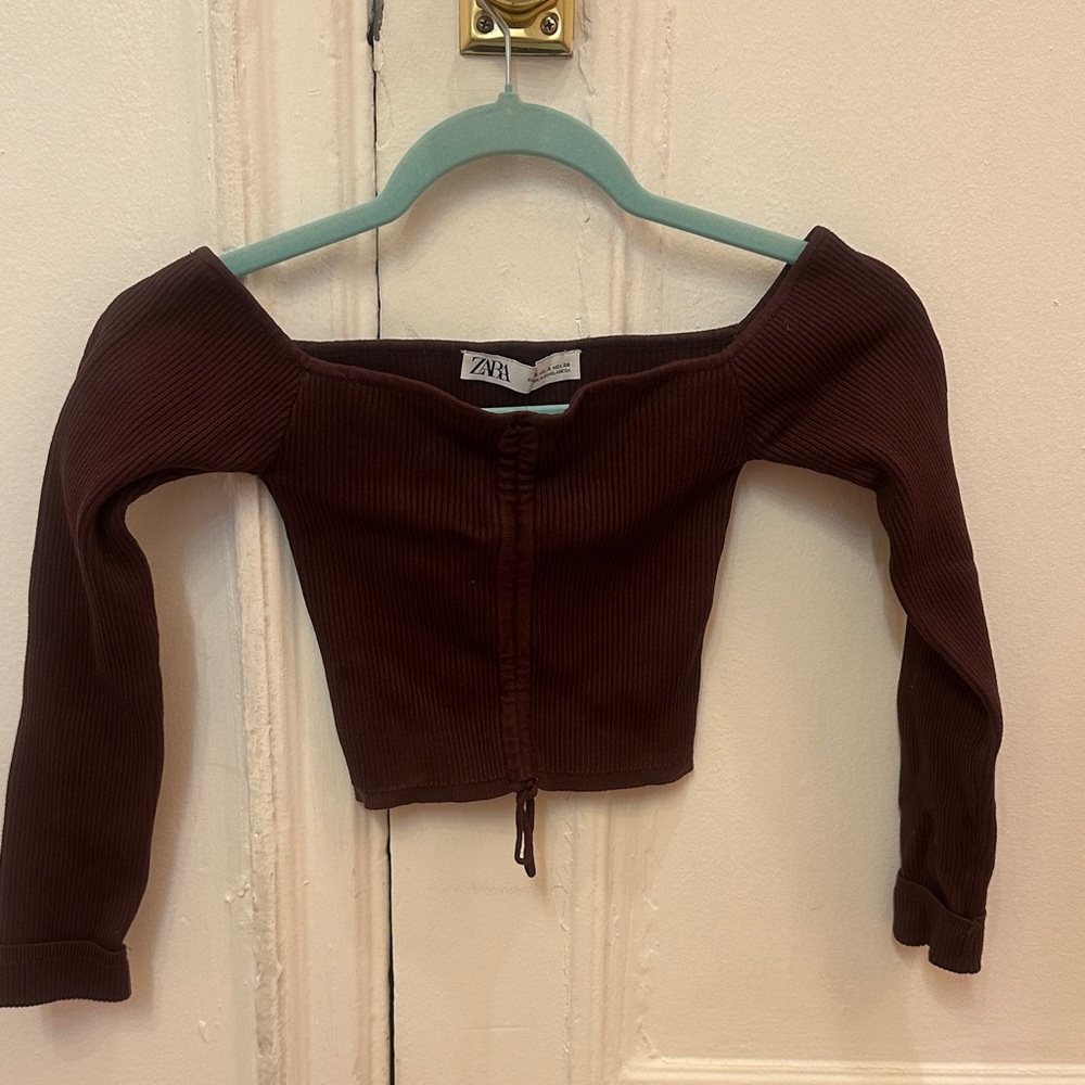 Zara Chocolate Off-Shoulder Cropped Long Sleeve Top